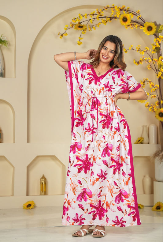 Spray Flower Pink Loungewear Cotton Kaftan
