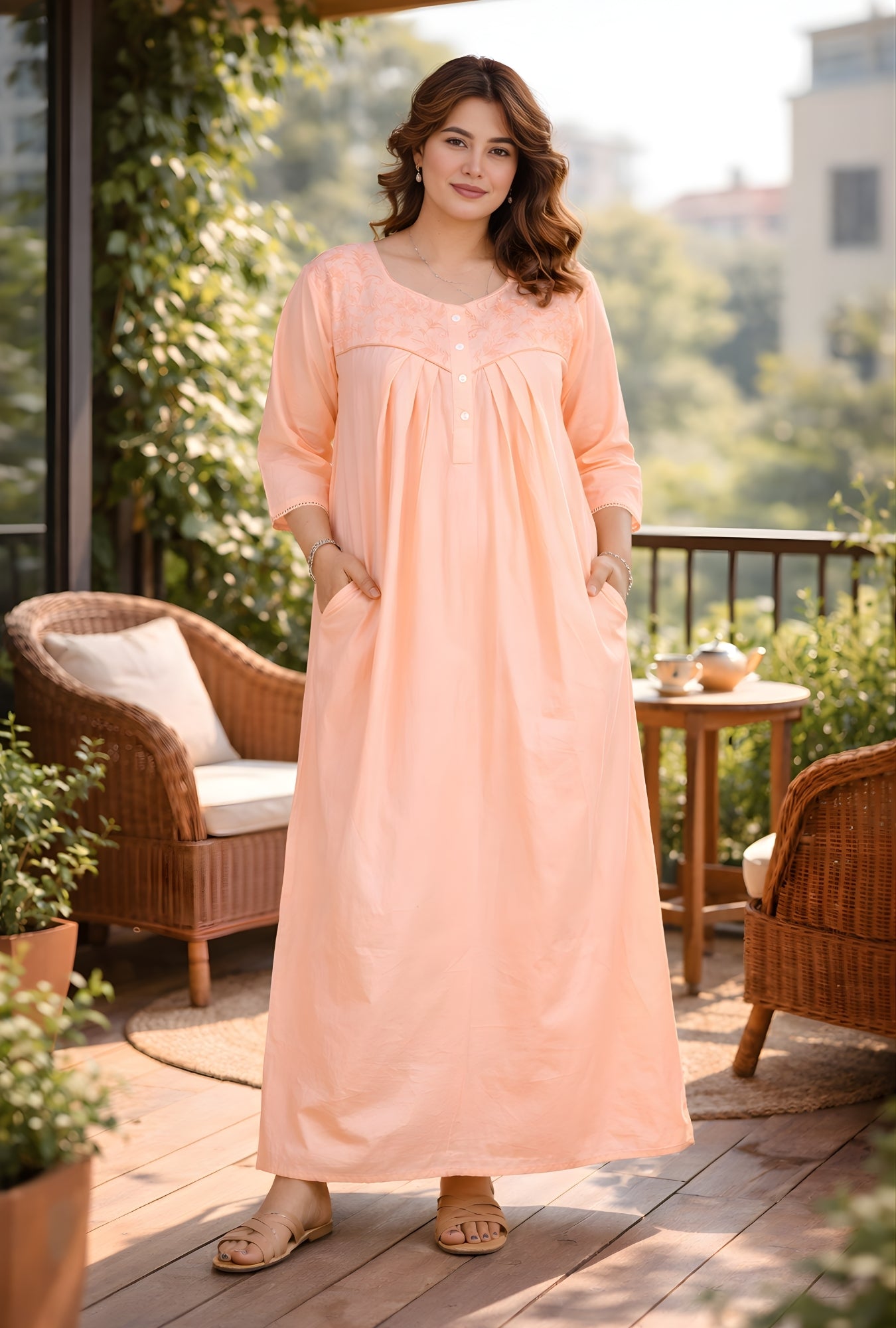 Peach Blossom Floral Yoke Cotton Night Gown