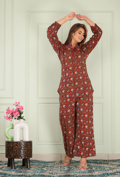 Kalamkari Maroon Cotton Loungewear Co-ords Set