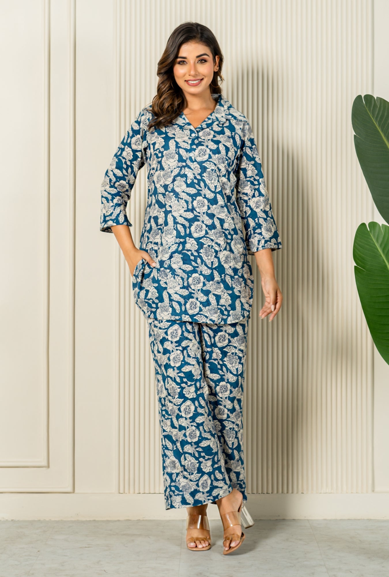 Floral Sonata Teal Cotton Loungewear Co-ords Set