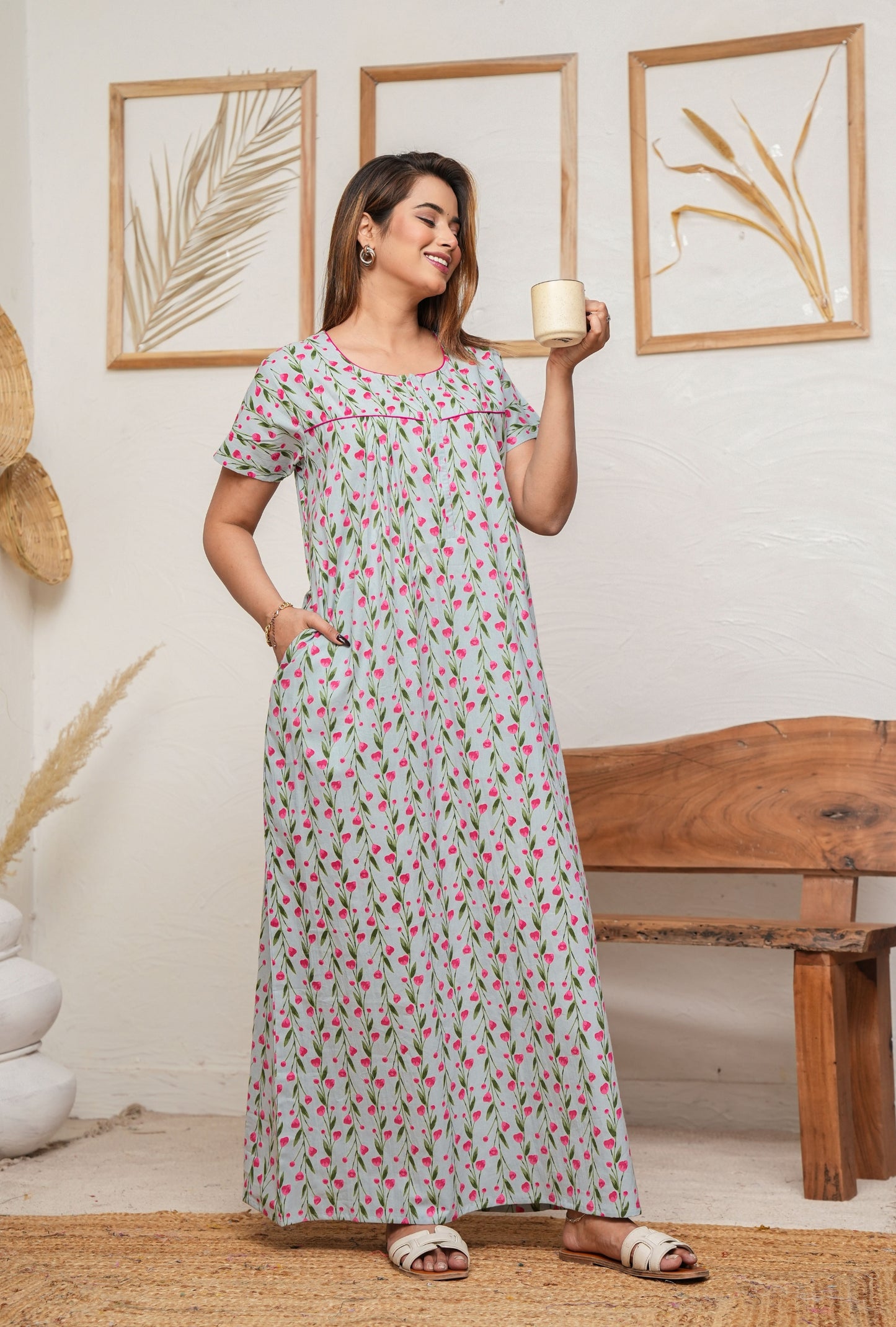 Lily Beil Grey Cotton Printed Nightwear Gowns