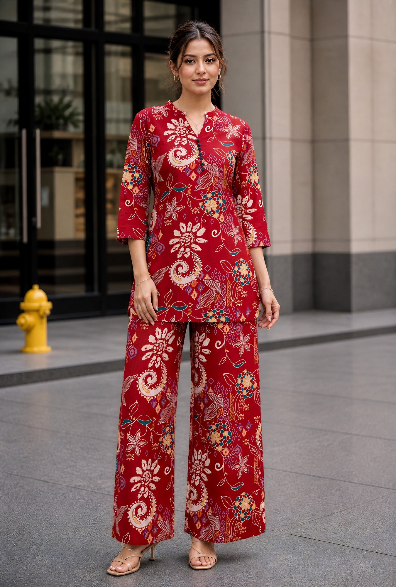 Folk Legends Maroon Printed Cotton Co-ords Set