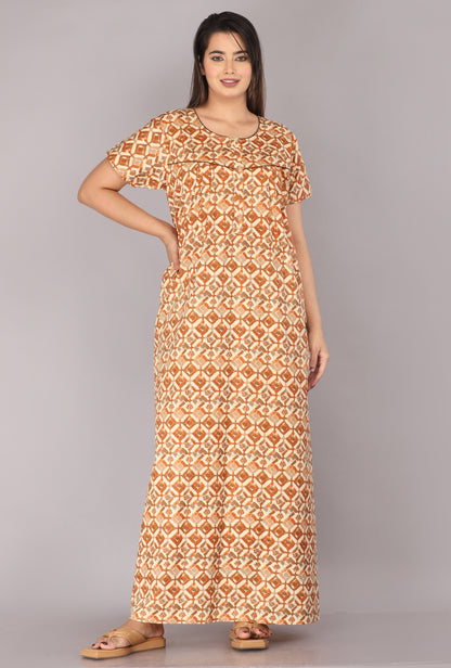 Cross Blocks Rust Cotton Printed Nightwear Gowns