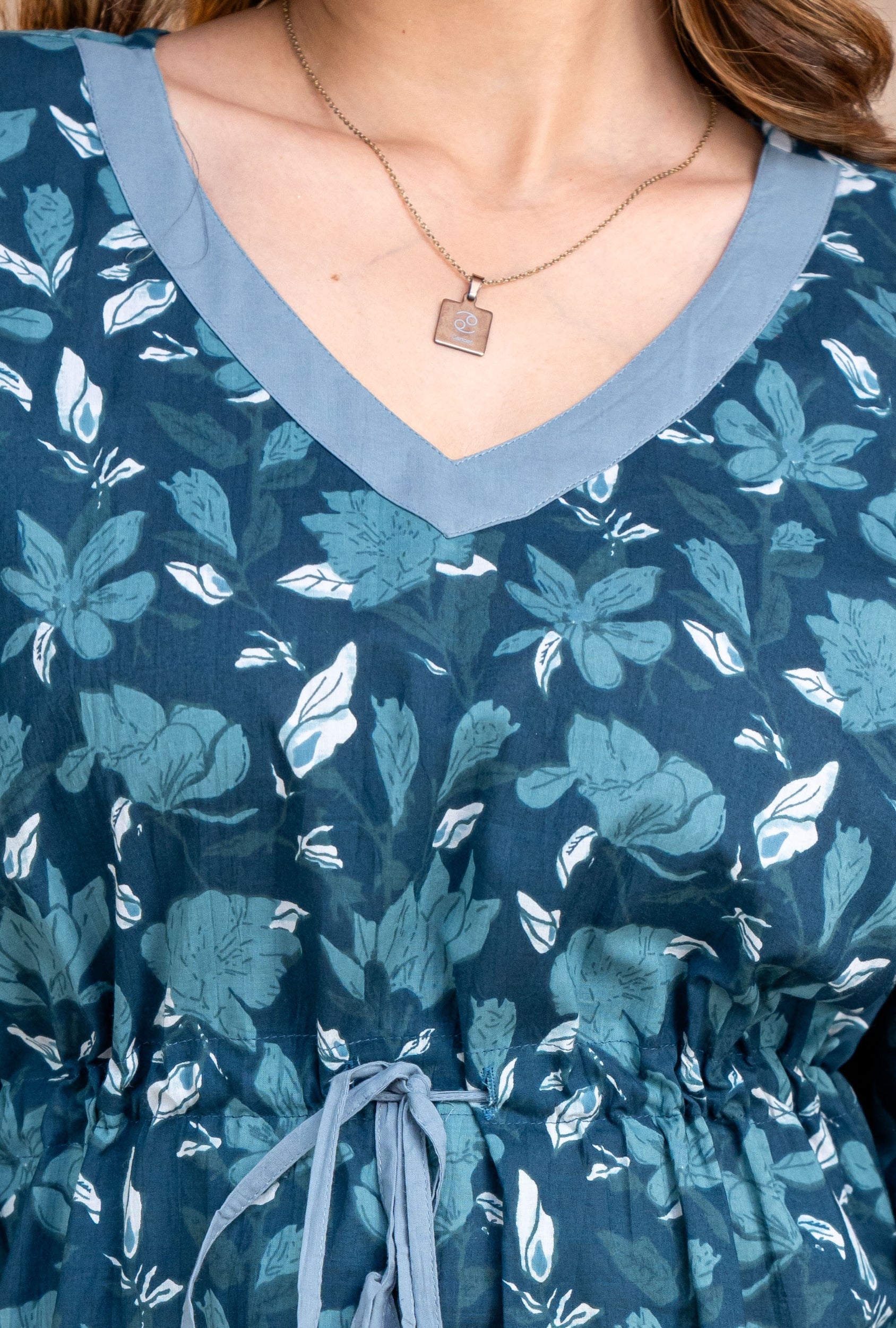 Lotus Leaves Navy Blue Loungewear Cotton Kaftan