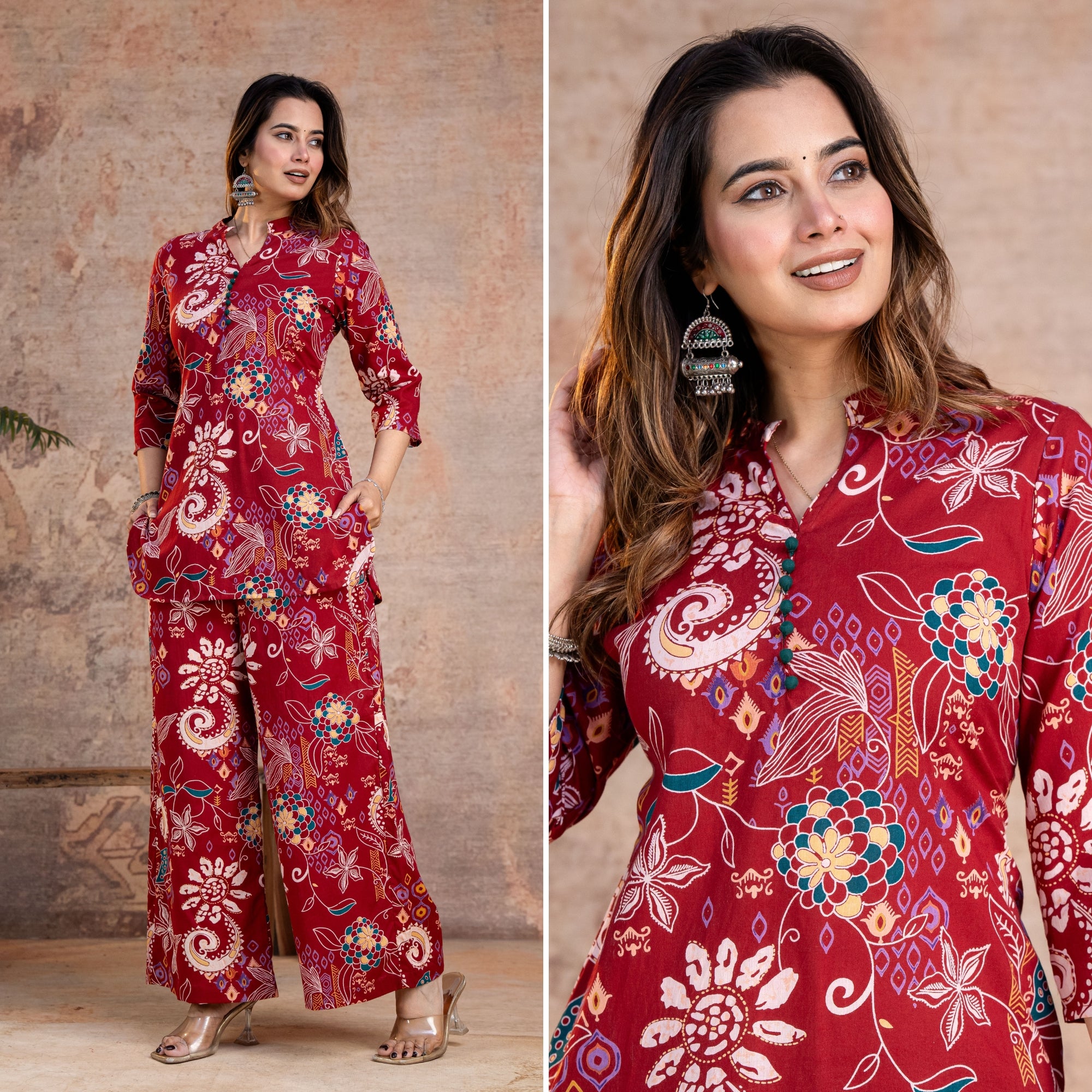 Folk Legends Maroon Printed Cotton Co-ords Set