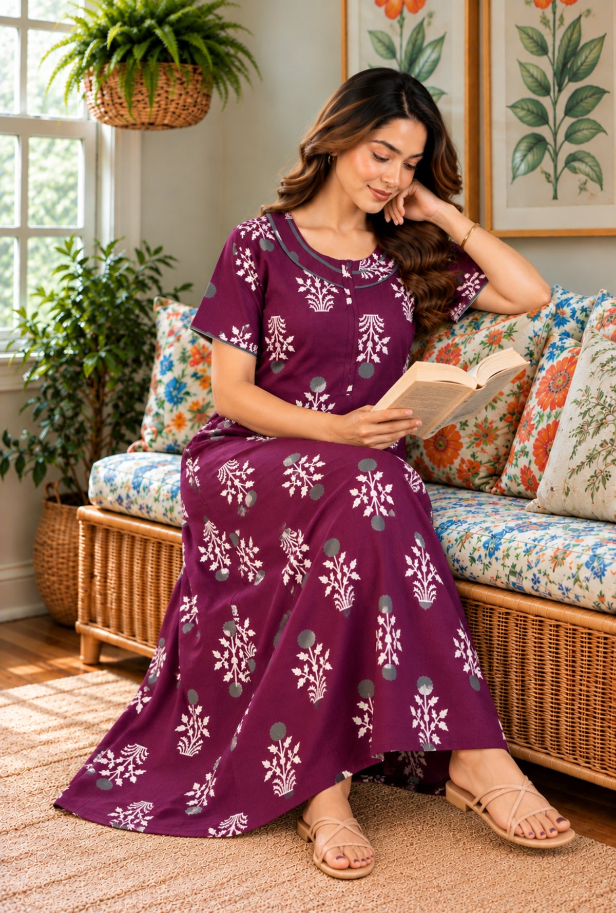 Imperial Bloom Magenta Printed Cotton Night Gown