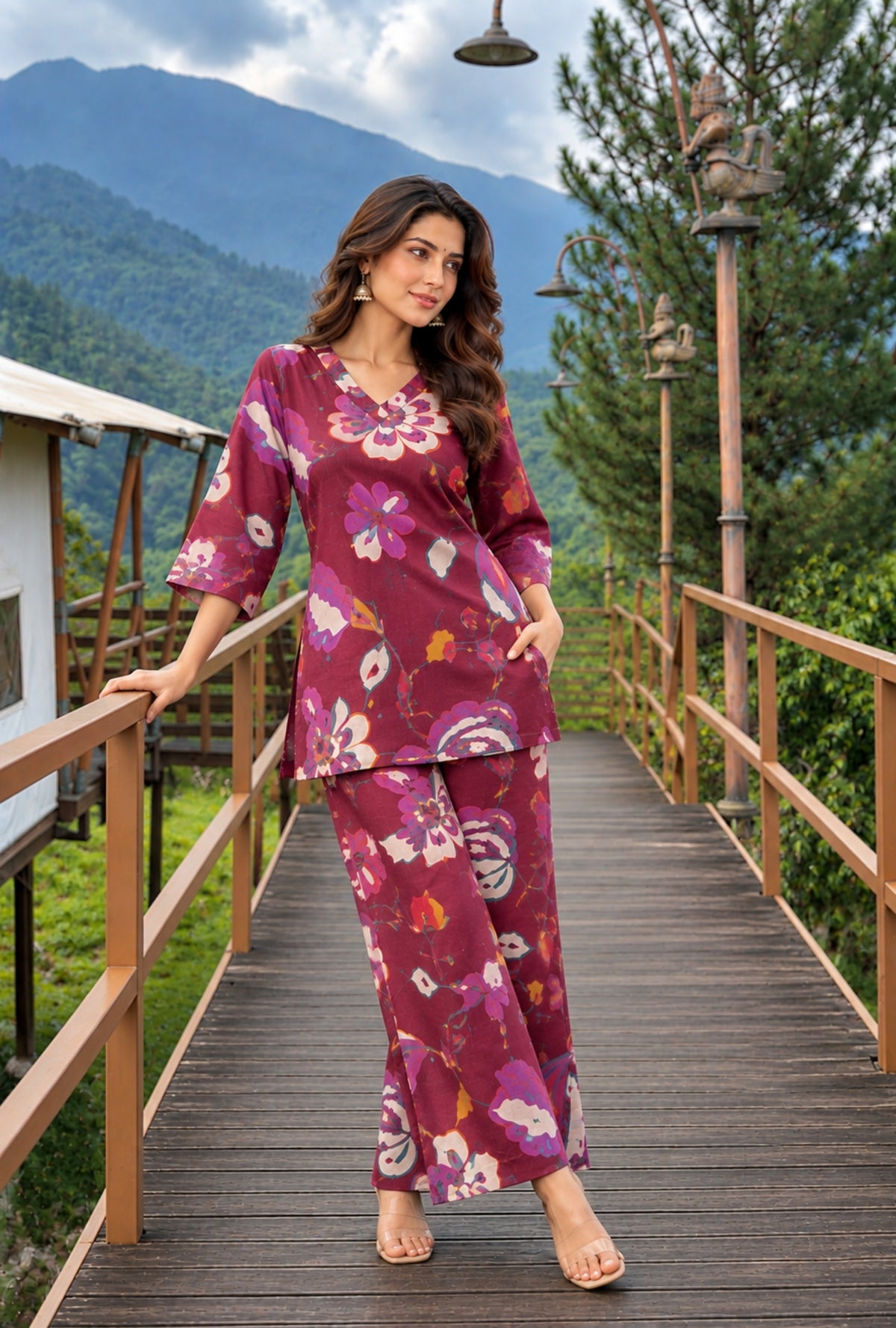 Sapphire Jardin Wine Printed Cotton Co-ords Set