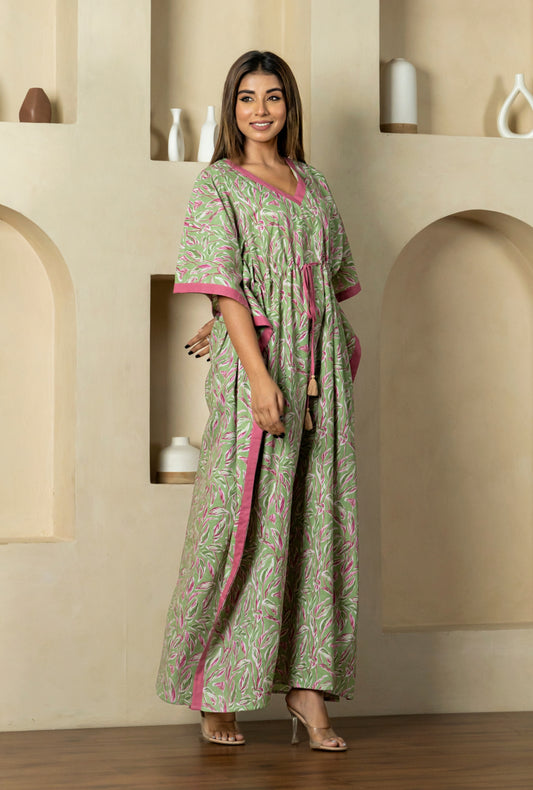 Garden Glow Mehndi Cotton Loungewear Kaftan