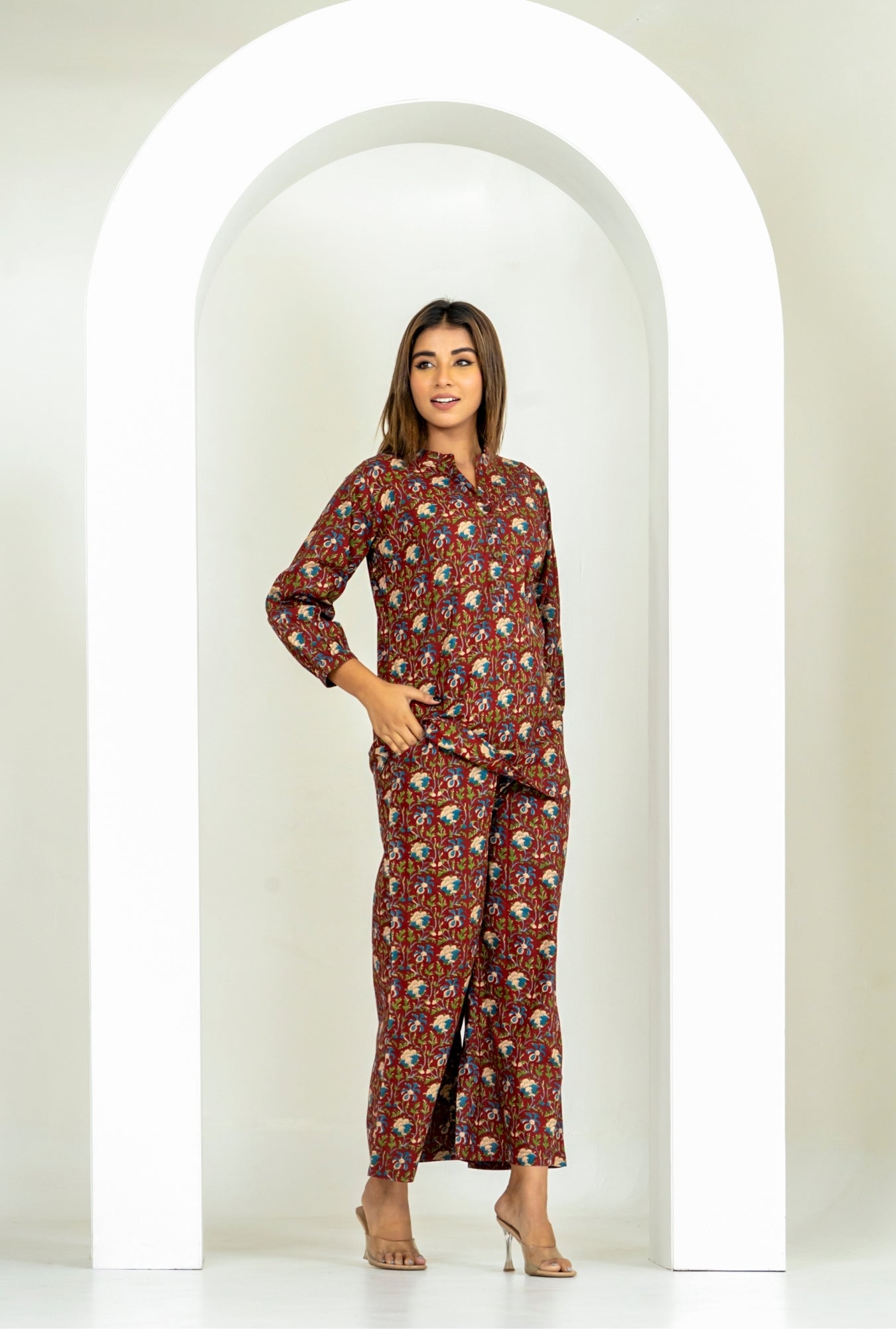 Kalamkari Maroon Cotton Loungewear Co-ords Set