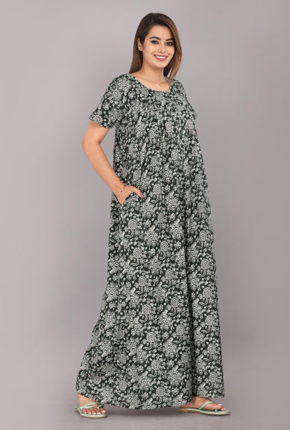 Chakra Flower Green Cotton Printed Night Gowns