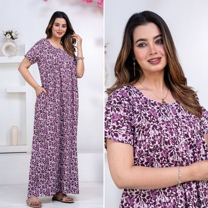 Batik Flower Purple Cotton Printed Nightwear Gowns