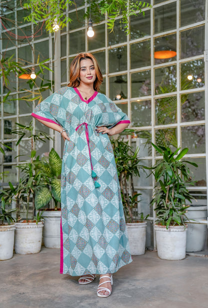 Pastel Bloom Sea Green Cotton Loungewear Kaftan
