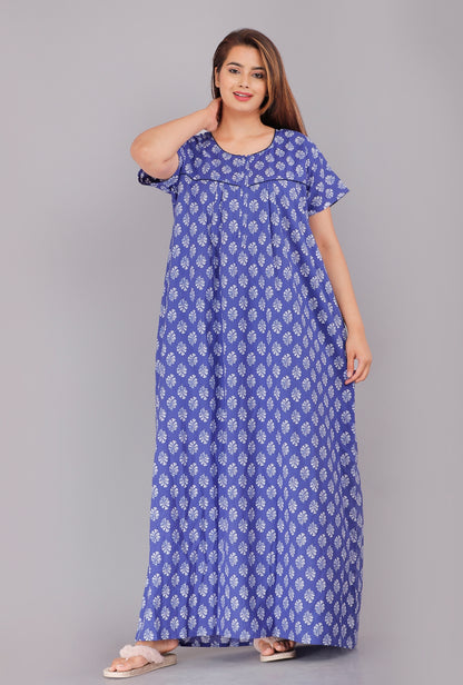 Gulmohar Blue Cotton Printed Nightwear Gowns