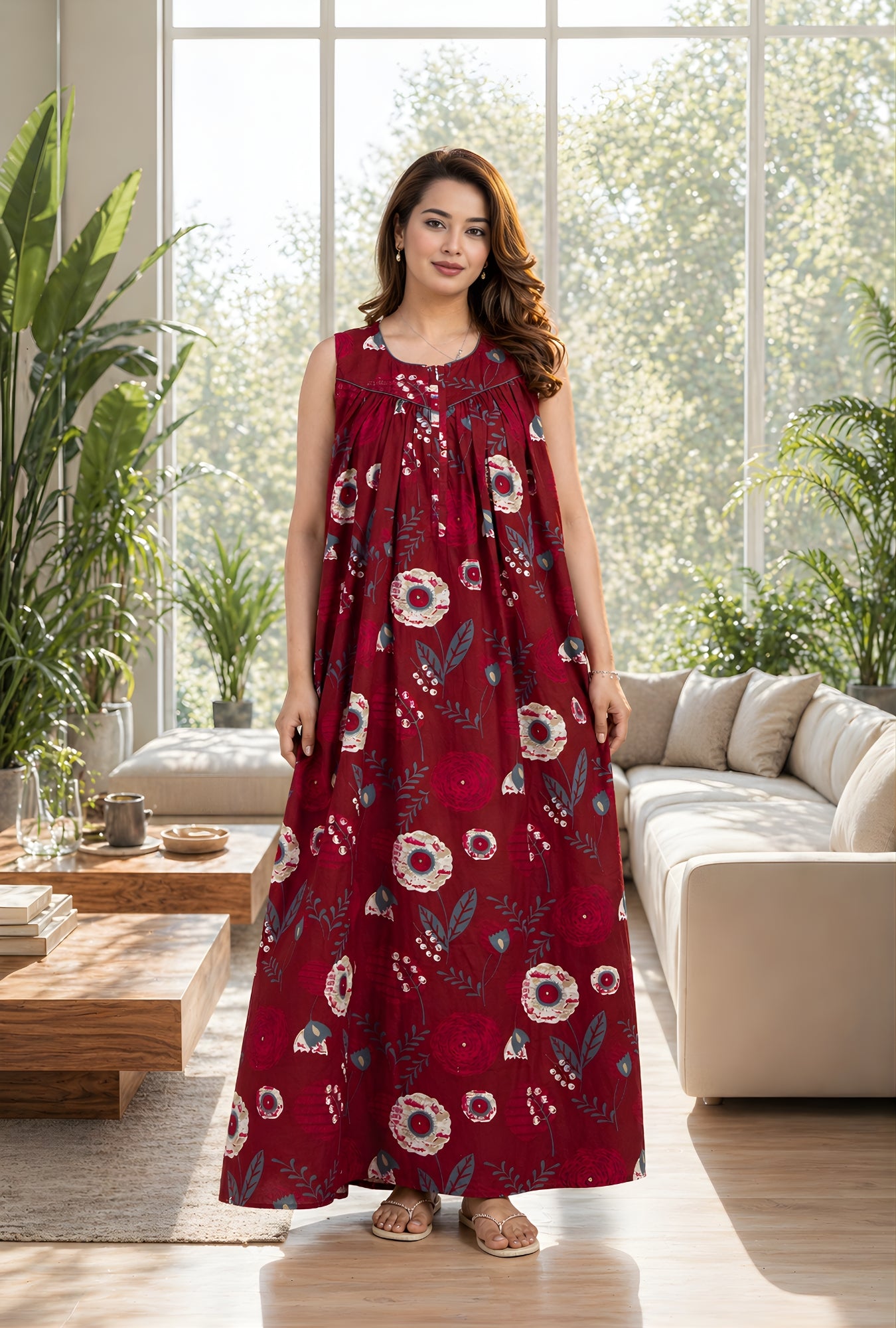 Ruby Petal Maroon Cotton Night Gown