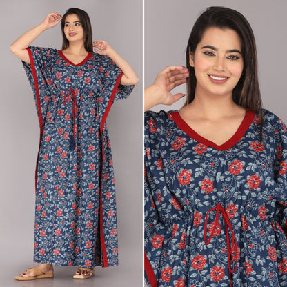 Ice Flower Navy Blue Cotton Loungewear Kaftan