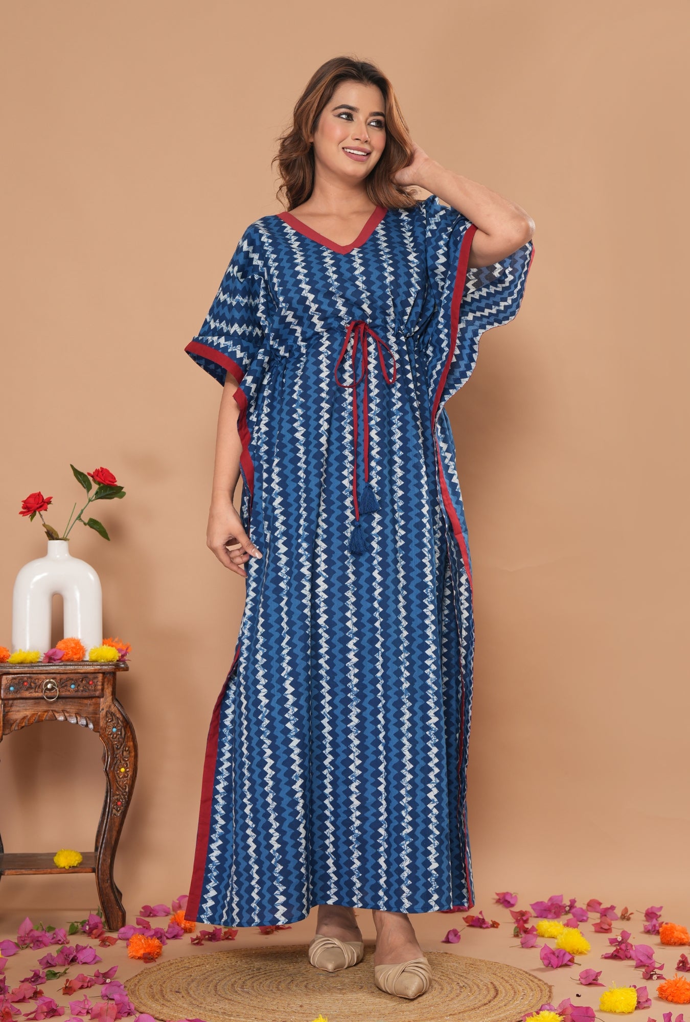 Indigo Lehariya Blue Printed Cotton Loungewear Kaftan