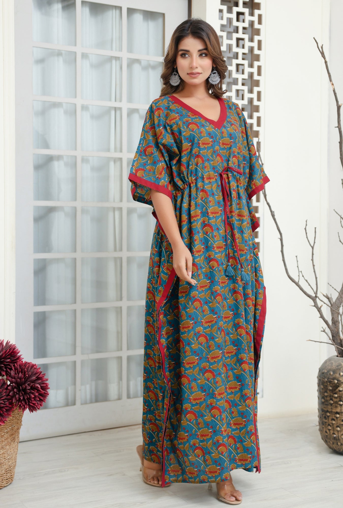 Vivid Blossom Teal Printed Cotton Loungewear Kaftan