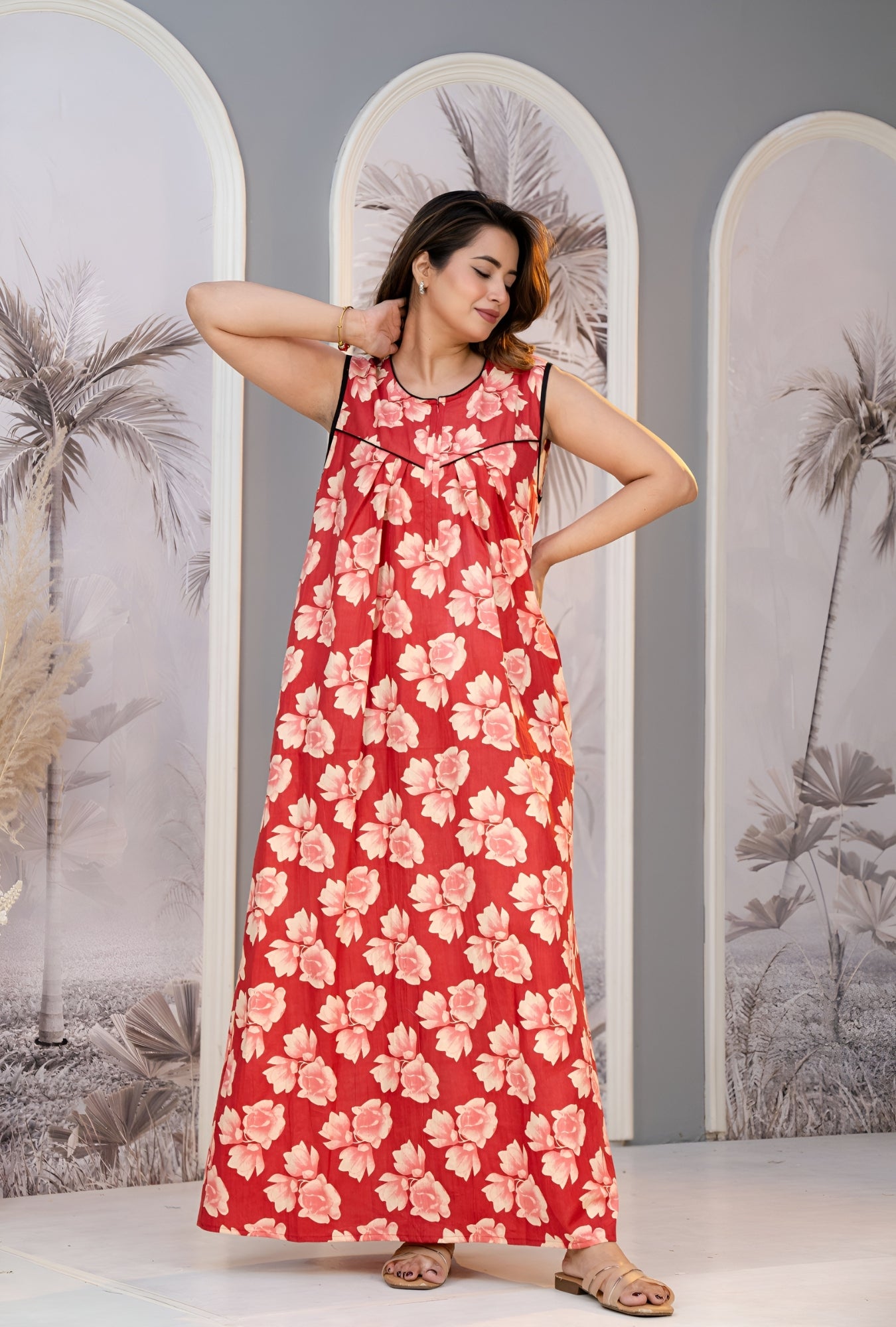 Coral Blossom Sleeveless Cotton Night Gown