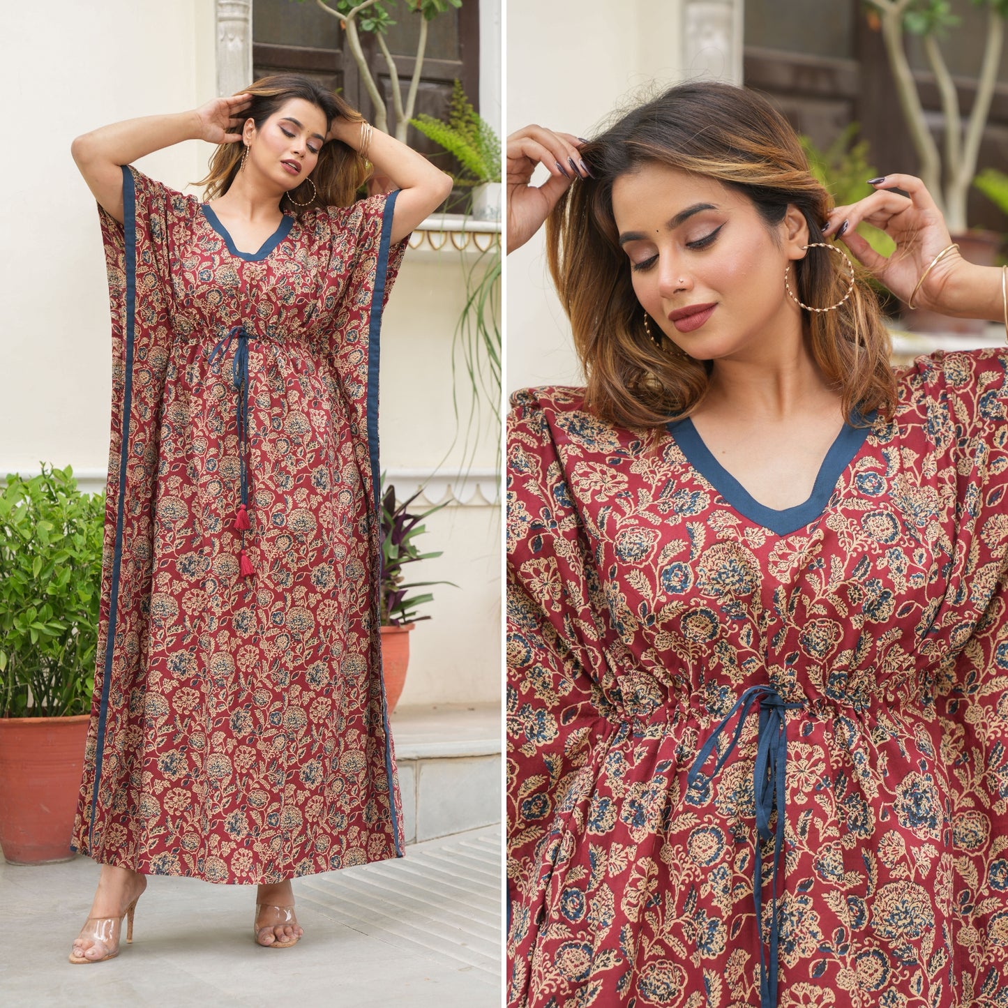 Flora Ajrak Maroon Loungewear Cotton Kaftan