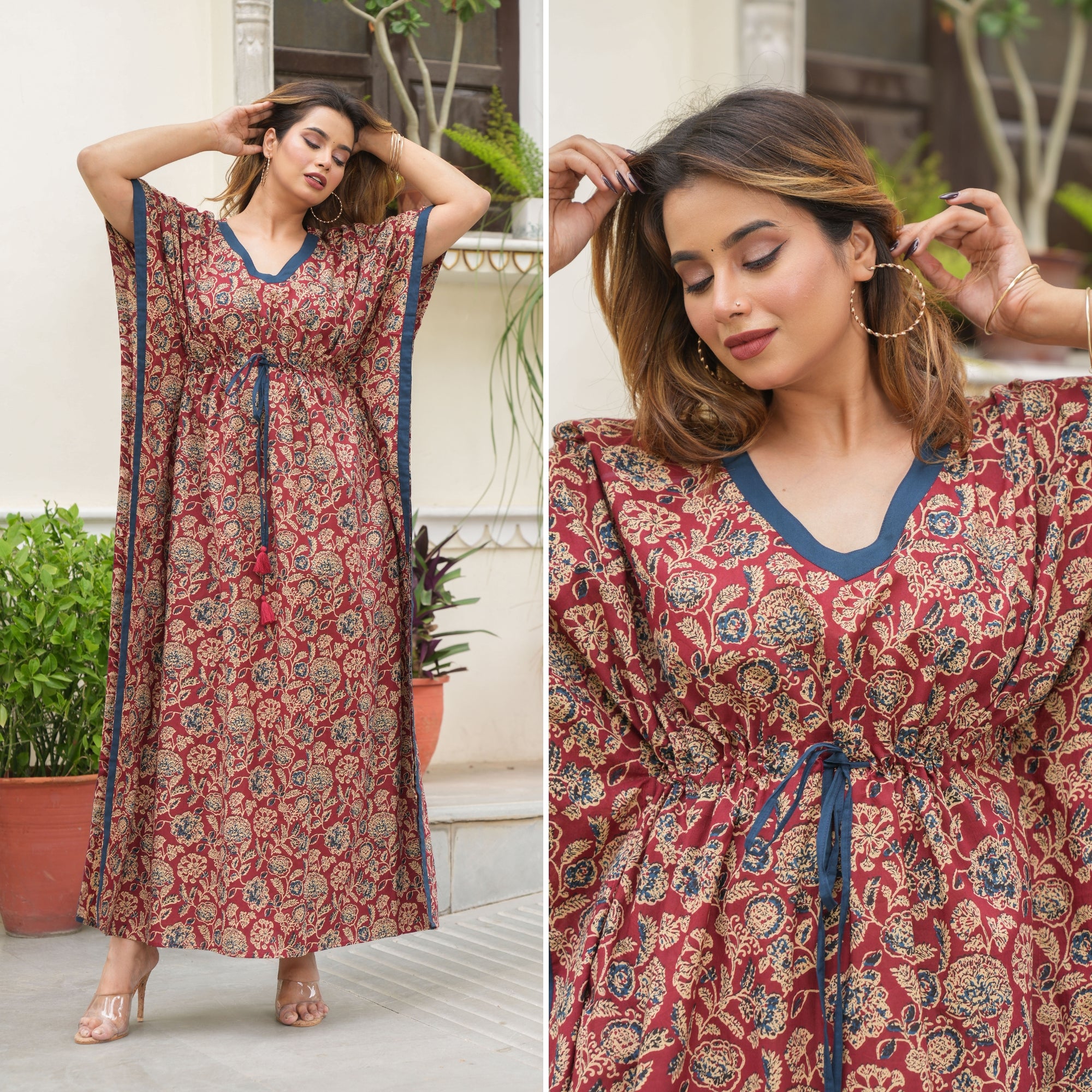 Flora Ajrak Maroon Loungewear Cotton Kaftan