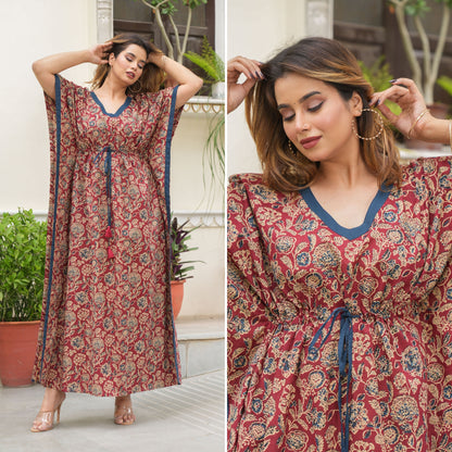 Flora Ajrak Maroon Loungewear Cotton Kaftan