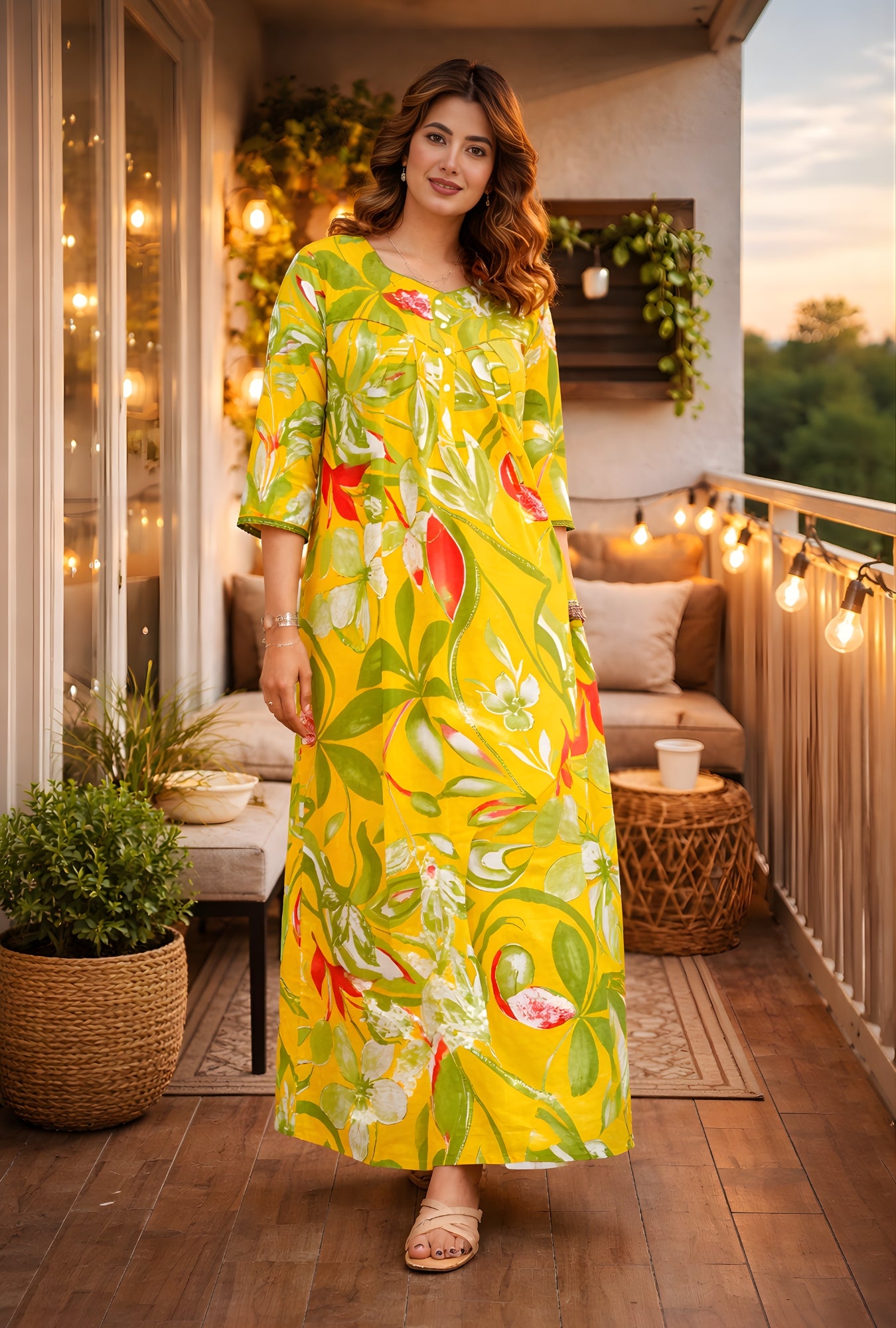 Tropical Breeze Yellow Floral Cotton Night Gown