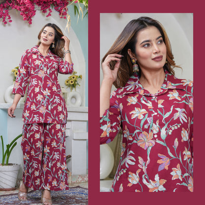 Flora Mode Maroon Cotton Loungewear Co-ords Set