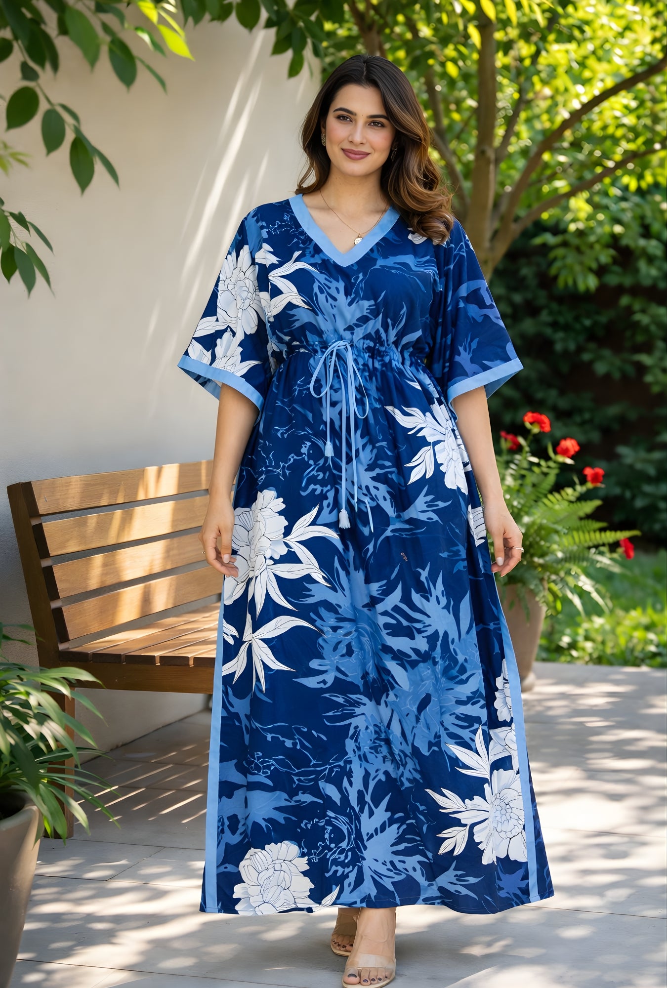 Palm Breeze Blue Loungewear Cotton Kaftan