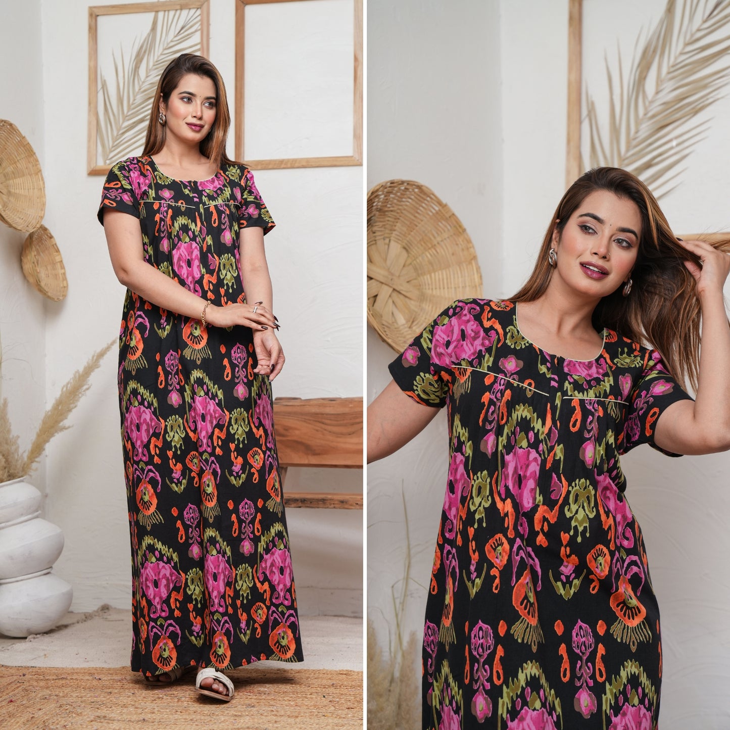 Ikkat Black Cotton Printed Nightwear Gowns