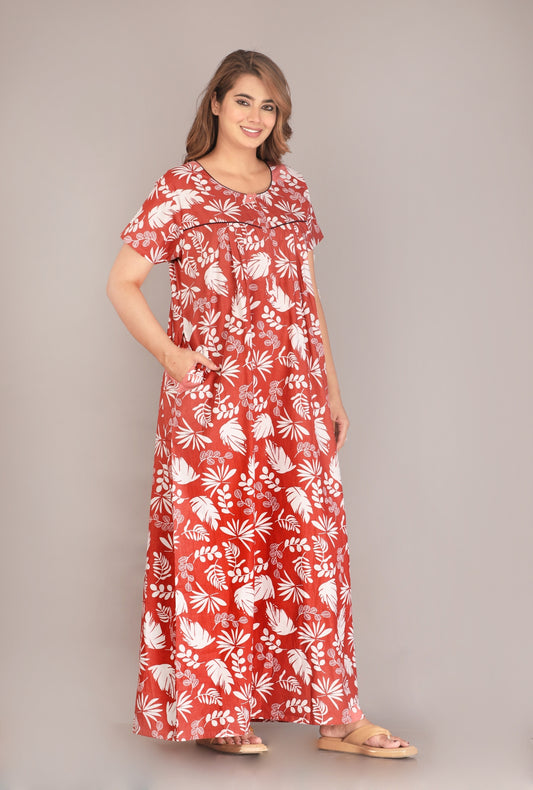 Pine Leaf Rust Cotton Printed Nightwear Gowns