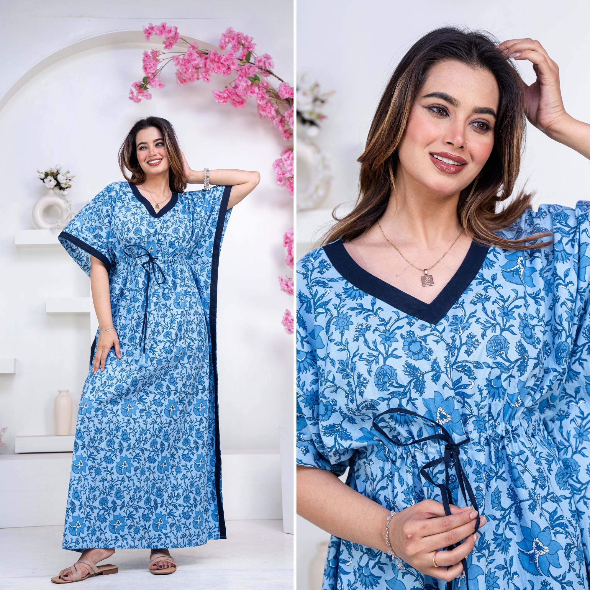 Petal Vines Blue Loungewear Cotton Kaftan
