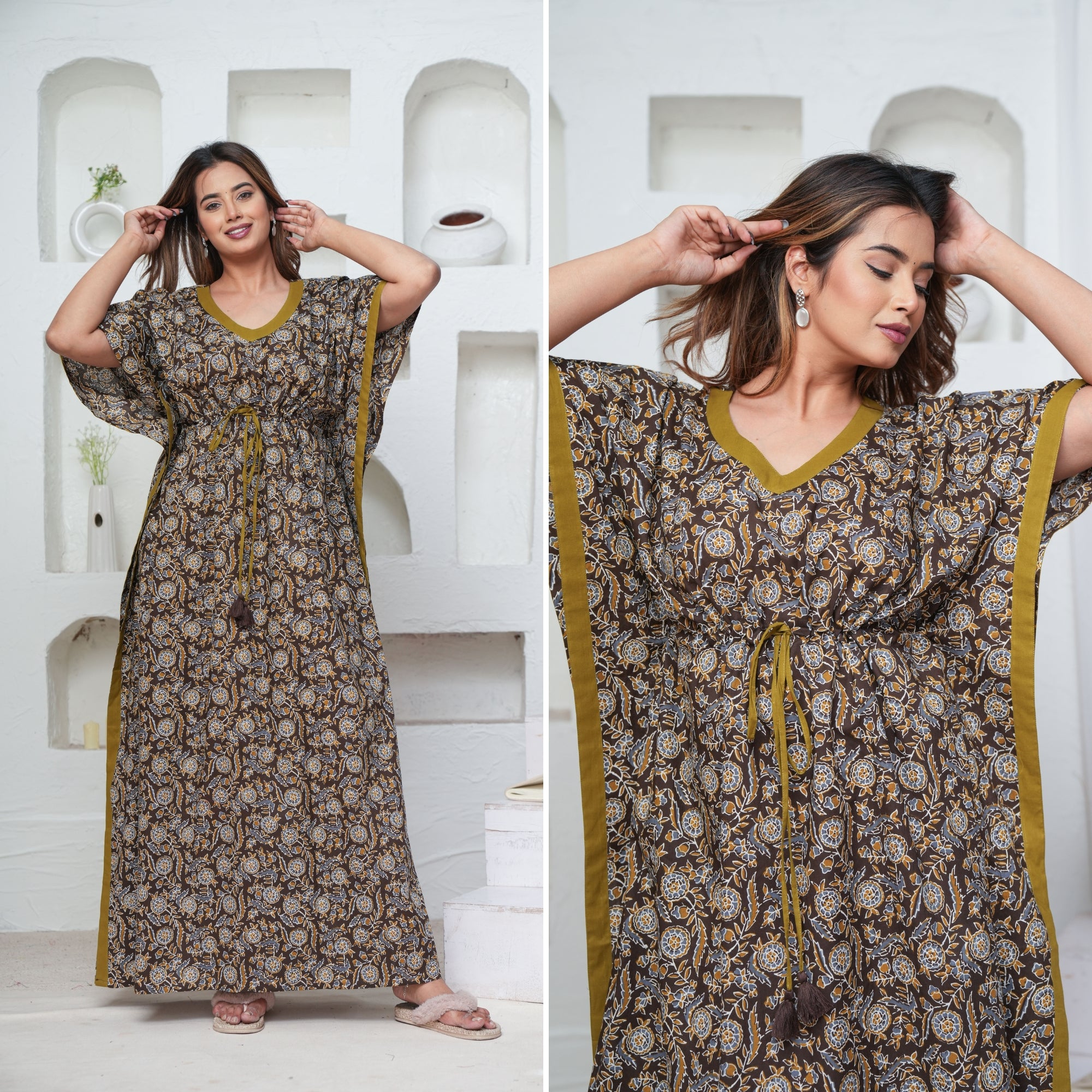 Coffee Grey Flower Loungewear Cotton Kaftan
