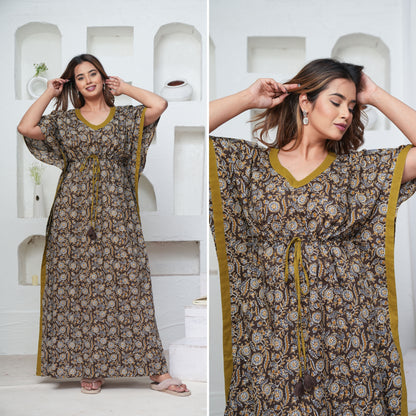 Coffee Grey Flower Loungewear Cotton Kaftan