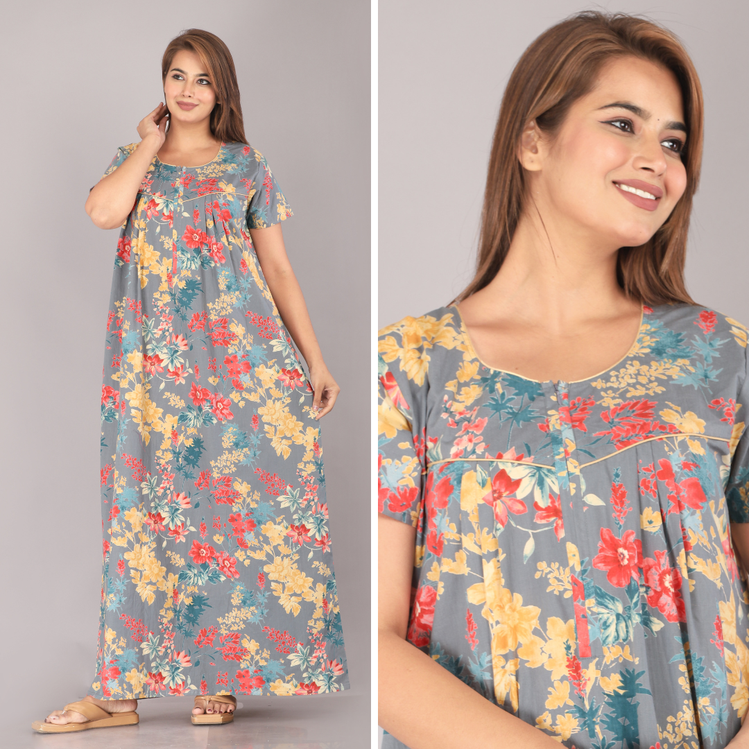 Foam Flower Dark Grey Cotton Gowns – Perfect for Relaxing Nights