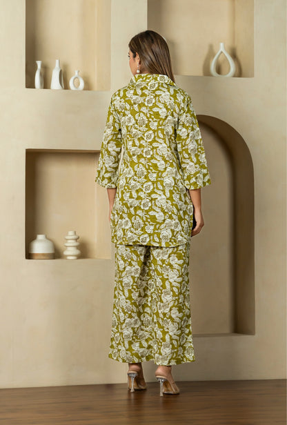 Floral Sonata Mehndi Cotton Loungewear Co-ords Set