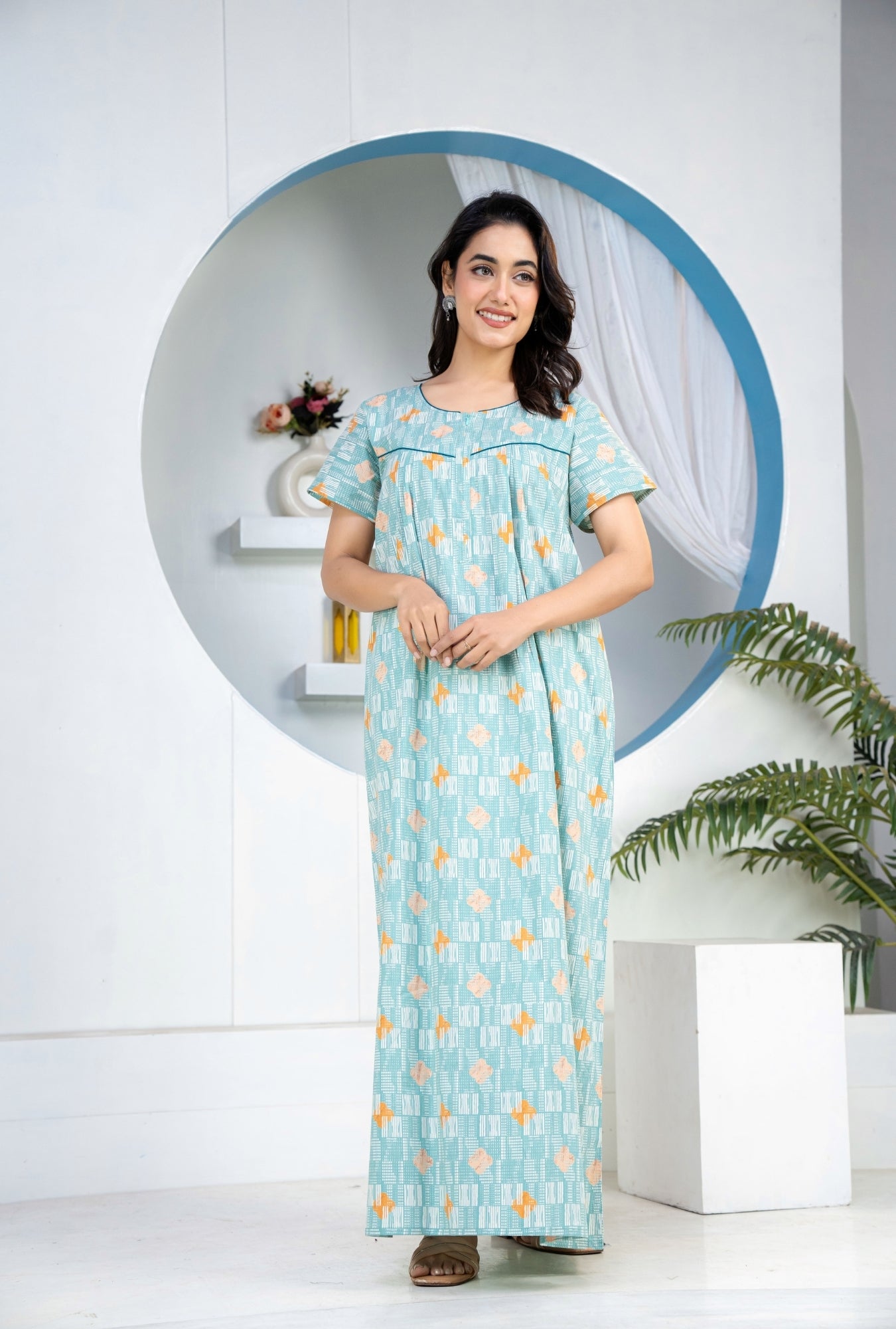 Grid Buta Sea Green Cotton Printed Nightwear Gowns