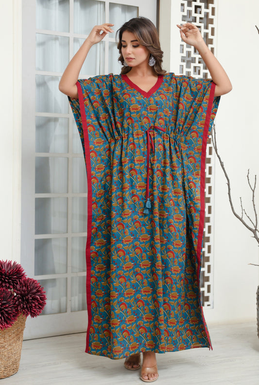 Vivid Blossom Teal Printed Cotton Loungewear Kaftan