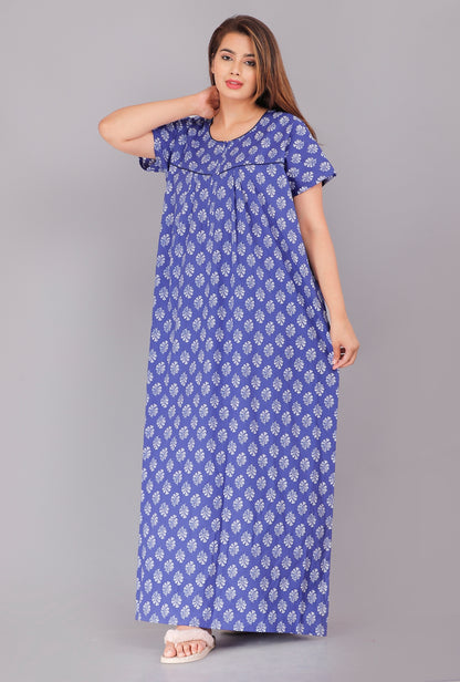 Gulmohar Blue Cotton Printed Nightwear Gowns