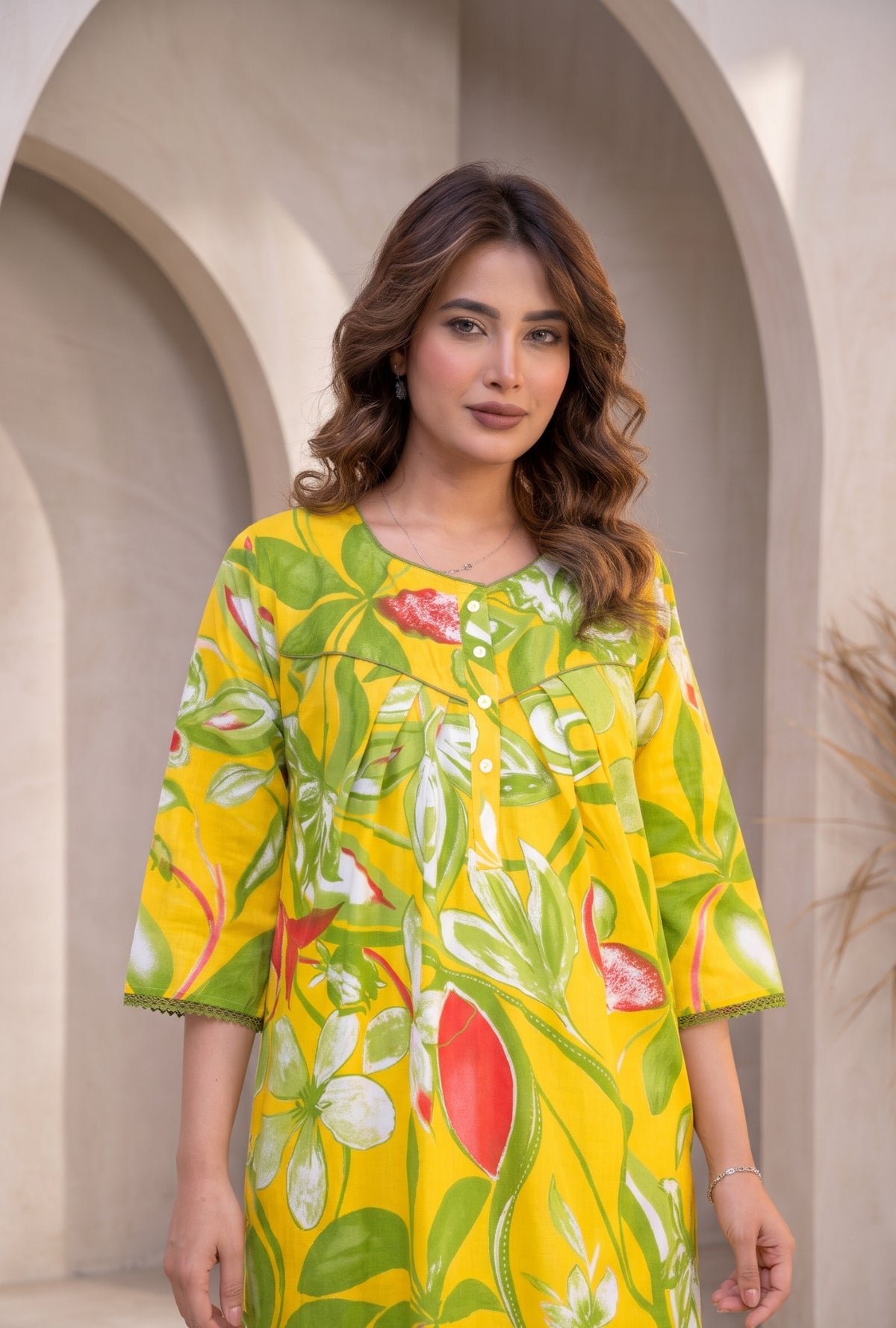 Tropical Breeze Yellow Floral Cotton Night Gown