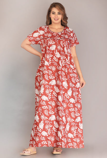 Pine Leaf Rust Cotton Printed Nightwear Gowns