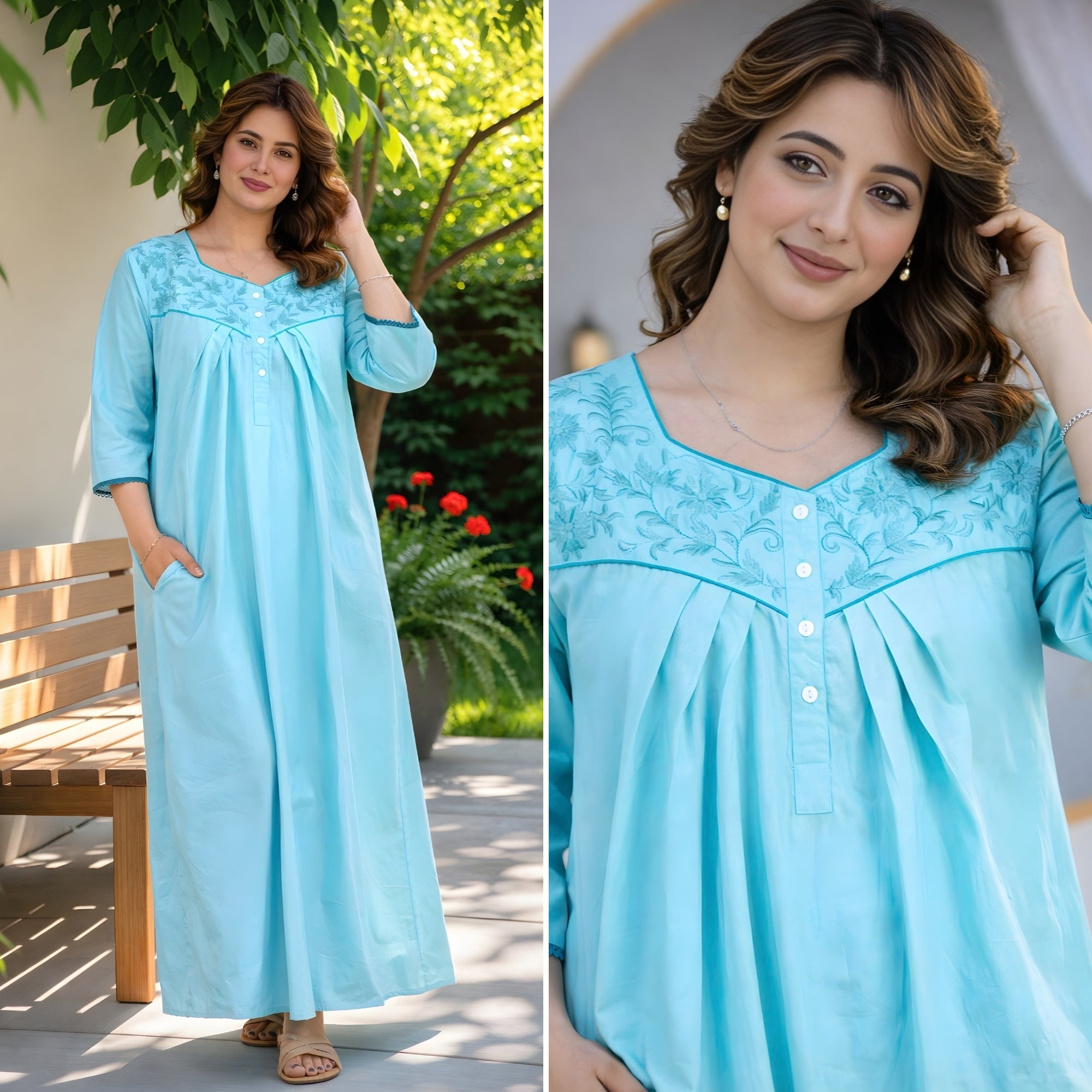 Aqua Mint Floral Yoke Solid Cotton Night Gown