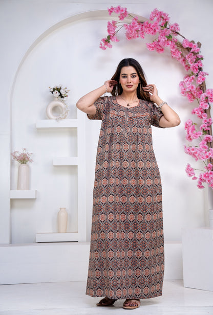 Ajrak Black Cotton Printed Nightwear Gowns