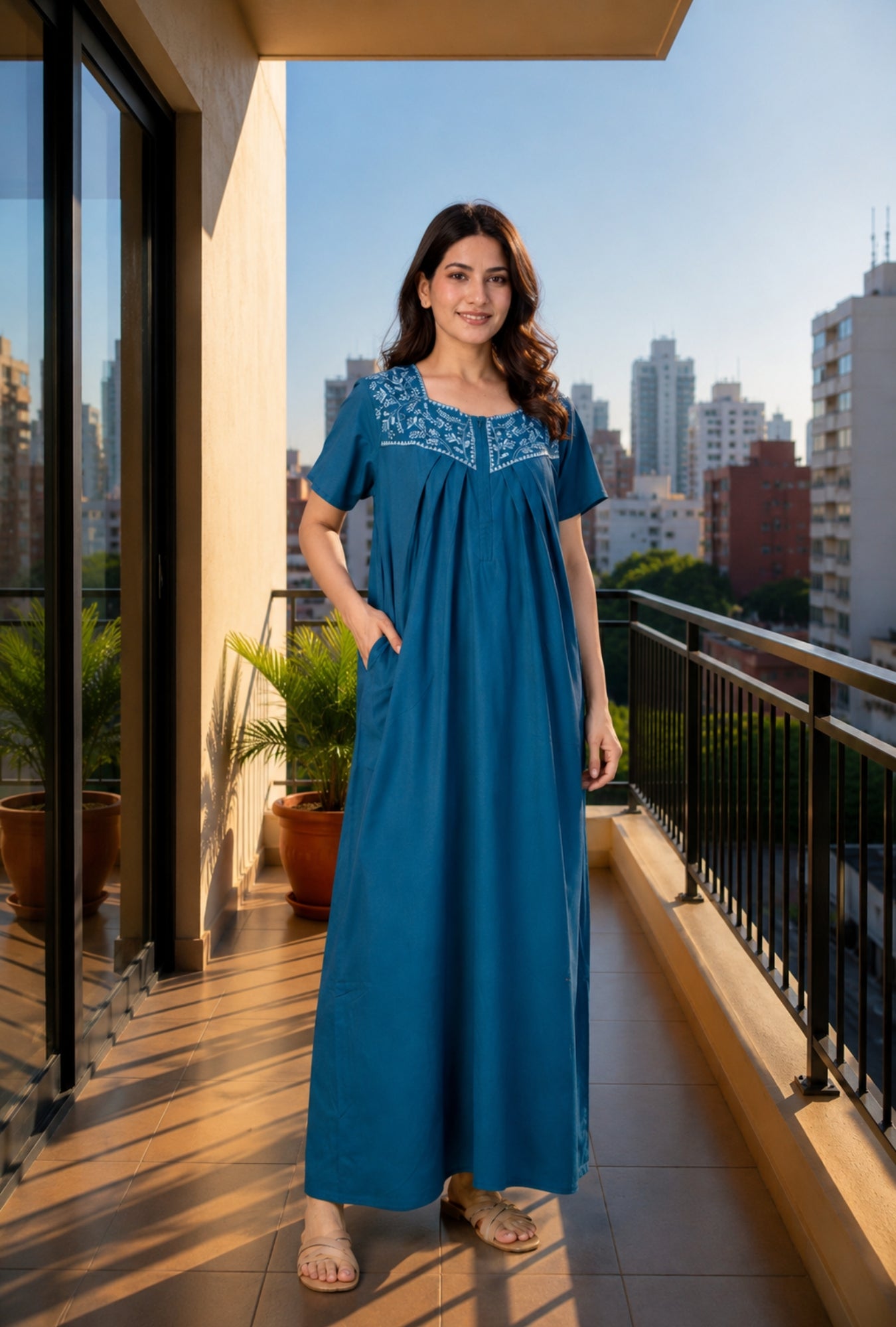 Crimson Bloom Teal Embroidery Yoke Cotton Night Gown