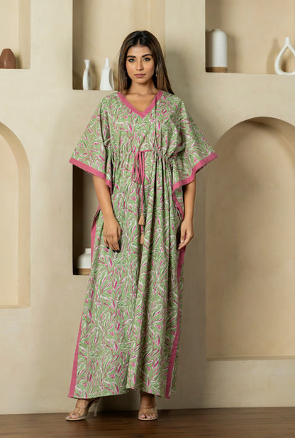 Garden Glow Mehndi Cotton Loungewear Kaftan