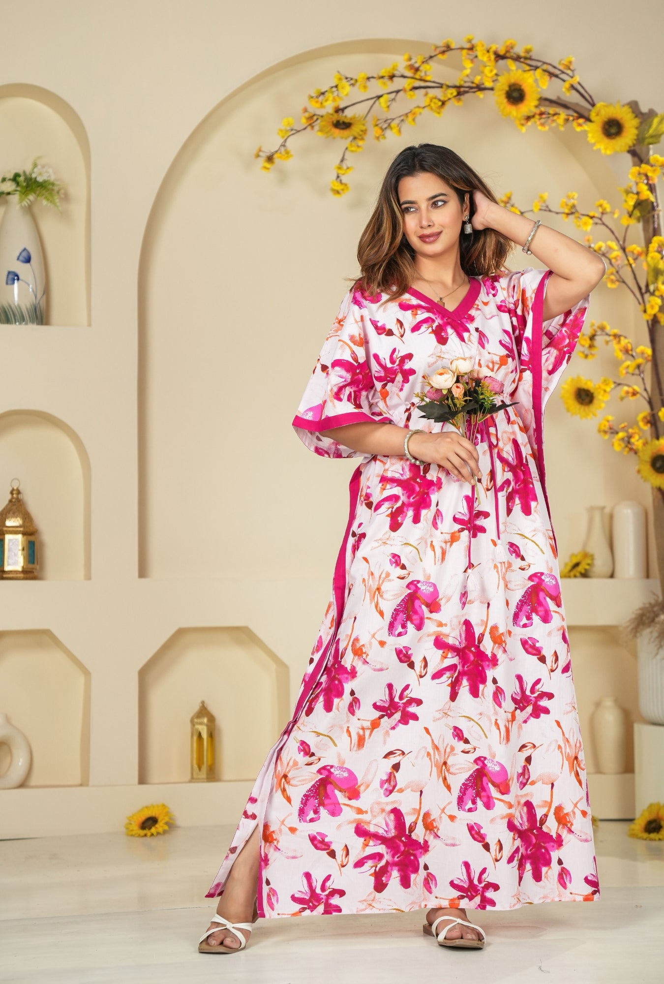 Spray Flower Pink Loungewear Cotton Kaftan