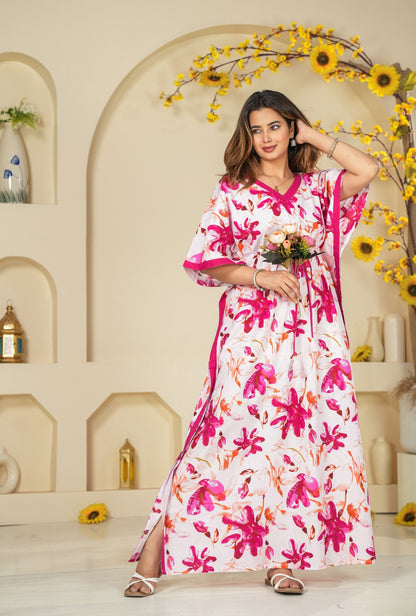 Spray Flower Pink Loungewear Cotton Kaftan