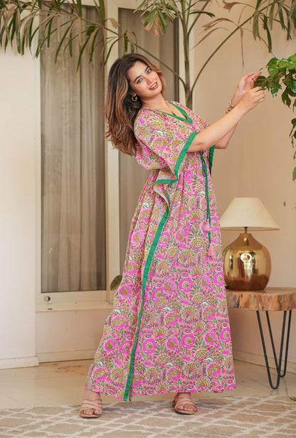 Rang Kalamkari Coral Loungewear Cotton Kaftan