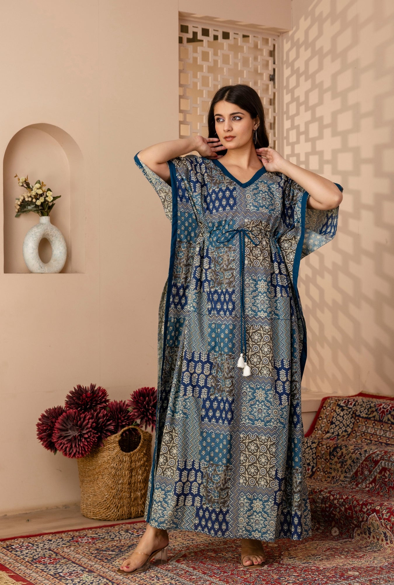 Wanderlust Blue Printed Cotton Loungewear Kaftan