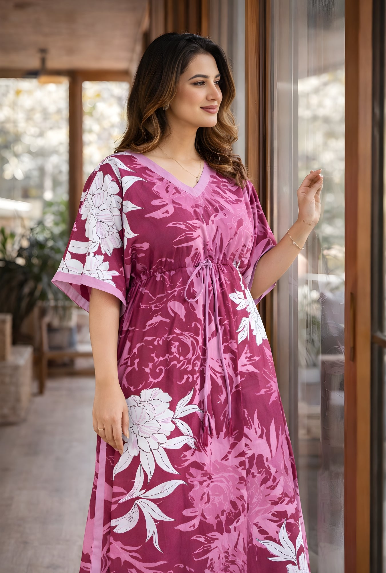 Palm Breeze Pink Loungewear Cotton Kaftan