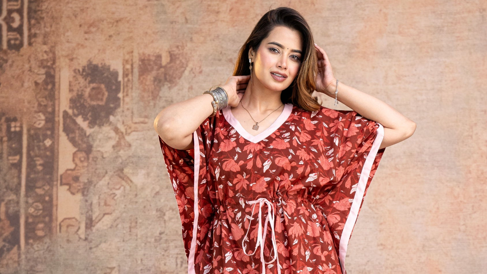 Lotus Leaves Maroon Loungewear Cotton Kaftan